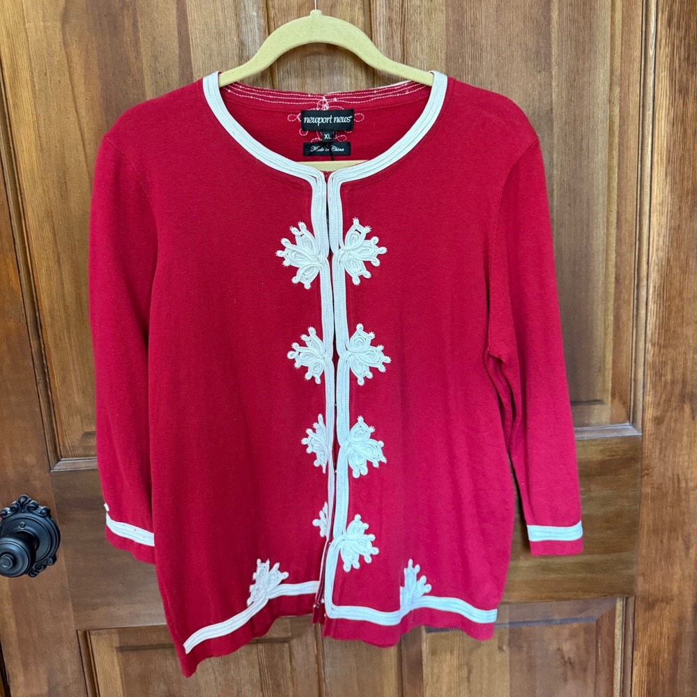 Newport News Red White Soutache Braid Cardigan Sweater XL Cotton Knit NWT